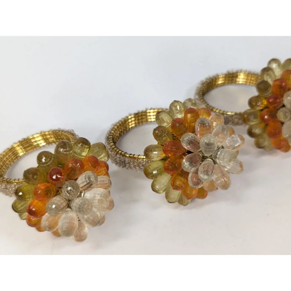 4 Vintage Mid Century Modern Vibe Orange Yellow Clear Faceted Bead‎ Napkin Rings